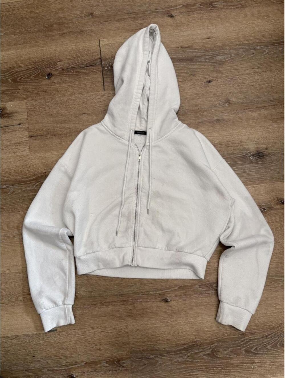 Forever 21 White Cropped Zip Up Hoodie Y2K